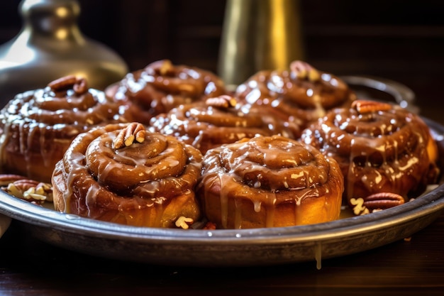 butter pecan cinnamon rolls on a plate