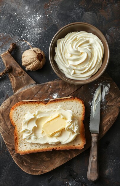 Photo a buttered toast and a bowl of white ice cream sit on a vintage wooden board