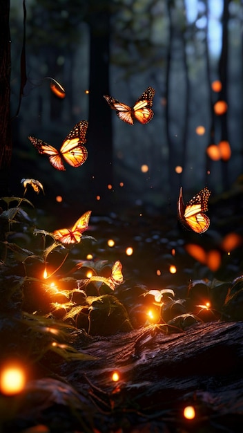 Photo butterflies are flying in the air and the light is from the sun