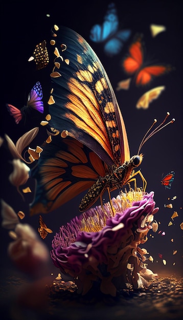 Butterflies are flying around a flower that is surrounded by many generative ai