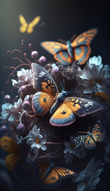 Butterflies are flying around the flowers in a bouquet generative ai