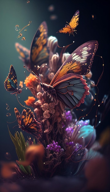 Butterflies are flying around the flowers in dark generative ai