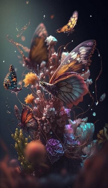 Butterflies are flying around the flowers in a dark room generative ai