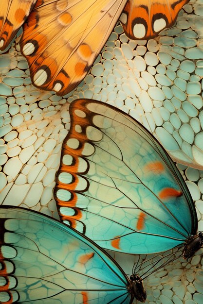 butterflies are sitting on a table with a blue and orange background generative ai