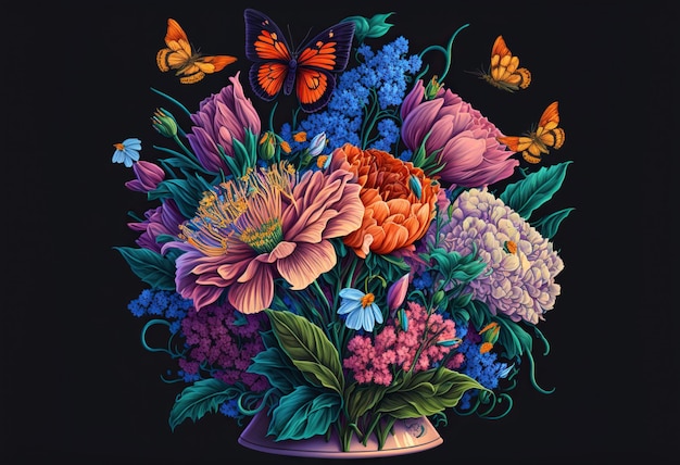 Butterflies around a bouquet of wild and decorative flowers Realistic illustrative design