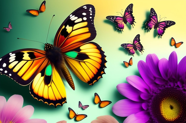 Butterflies on a colorful background with a flower