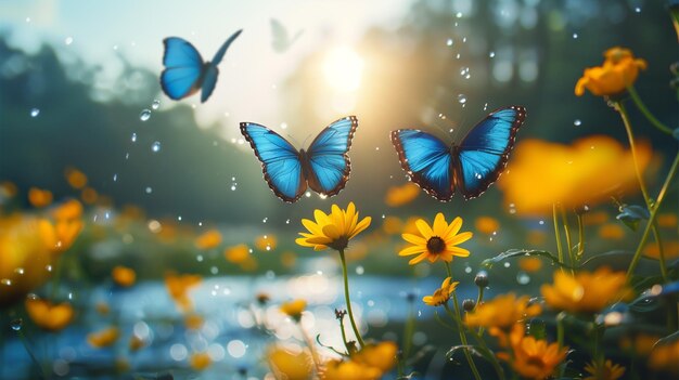 butterflies in a field of flowers with the sun behind them