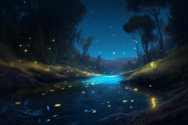 Butterflies flight in night forest Generate Ai