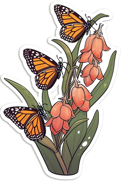 butterflies on a flower sticker with a white background generative ai