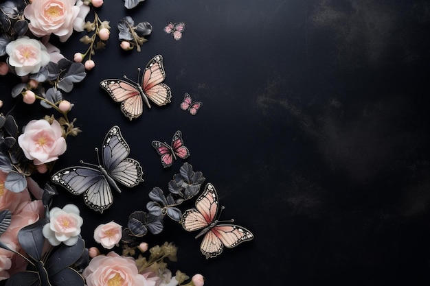 Photo butterflies and flowers are arranged on a black surface