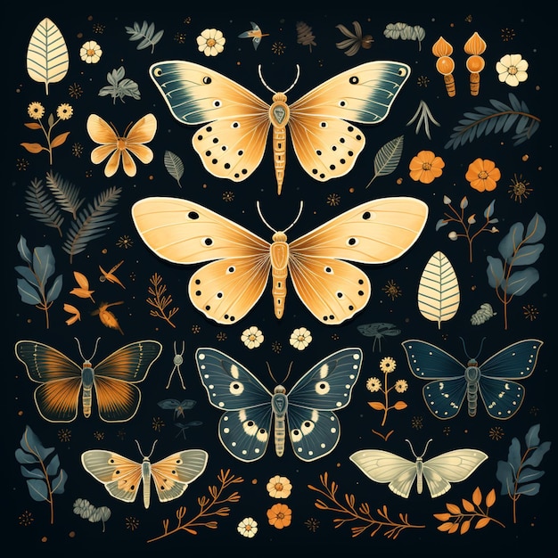 butterflies and flowers are arranged in a circle on a black background generative ai