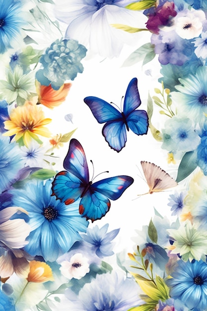 butterflies and flowers are flying around a white surface generative ai