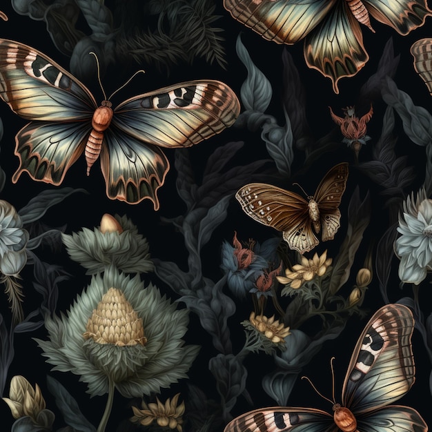 butterflies and flowers are painted in a dark background with a black background generative ai