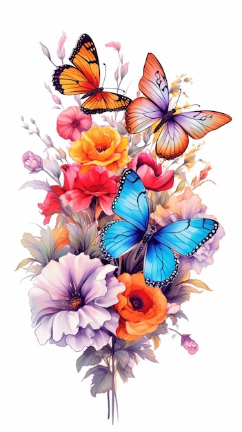 Butterflies and flowers are painted in a watercolor style generative ai