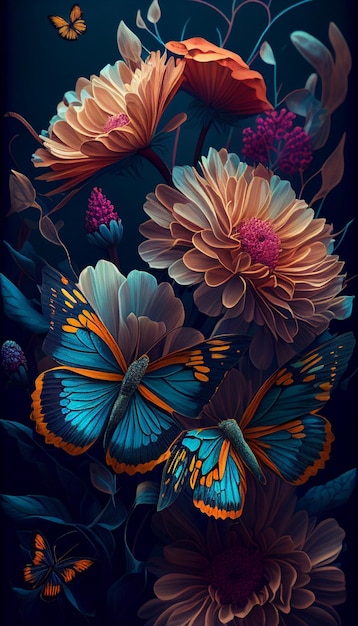 Butterflies and flowers are sitting on a dark background generative ai