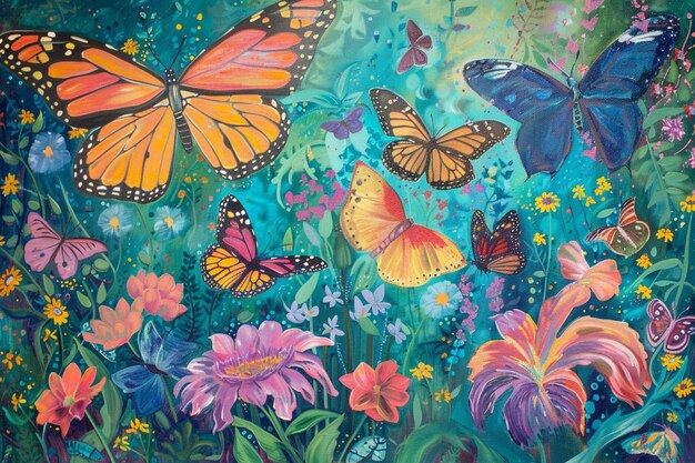 Photo butterflies and flowers painting