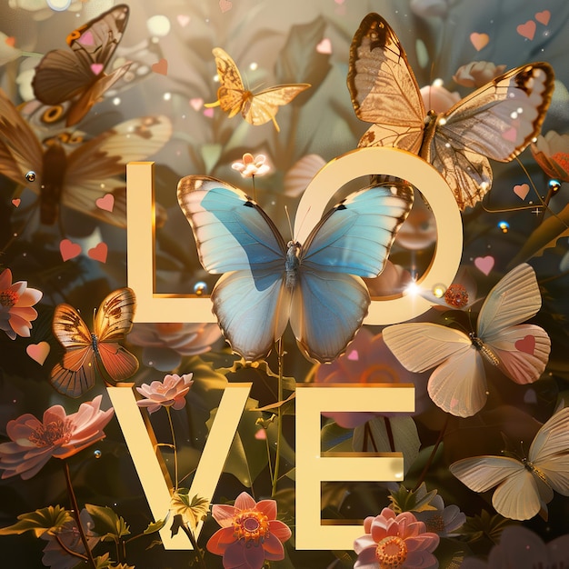 Butterflies and flowers surround text LOVE romantic delicate and vibrant wings glistening 2d game