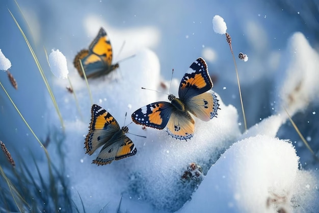 Butterflies fluttering over snowcovered meadow