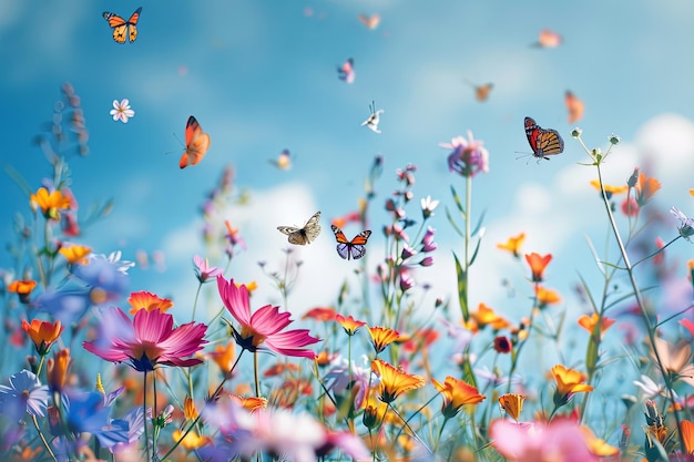 Butterflies fluttering above a vibrant field of wildflowers under the sky