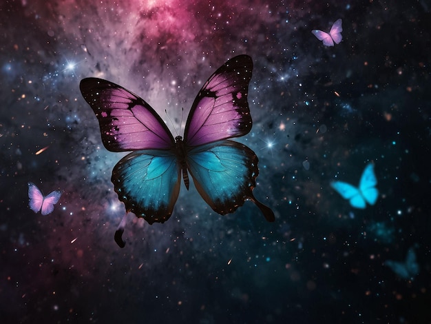 Butterflies fly in the dark night sky