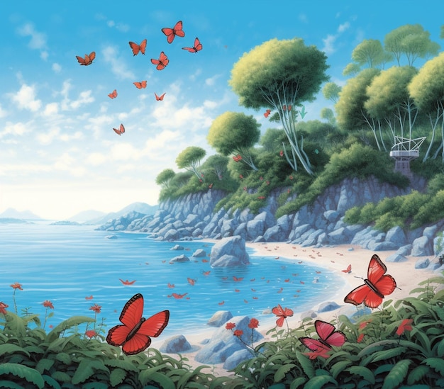 butterflies flying over a beach with a cliff and water generative ai