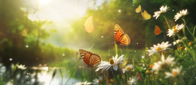 butterflies flying over a field of daisies and daisies in the sun generative ai