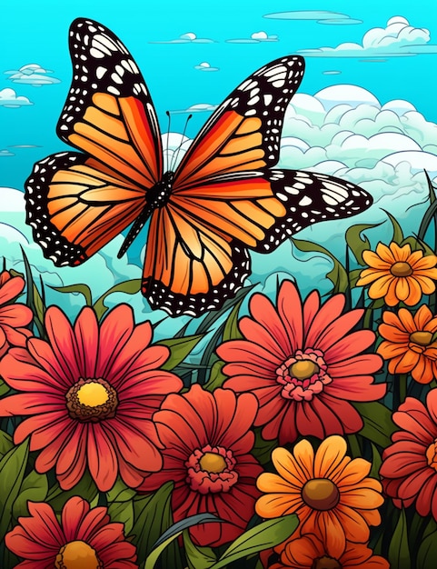 Butterflies flying over a field of flowers with a blue sky in the background generative ai