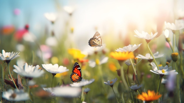 Butterflies flying in a field of flowers