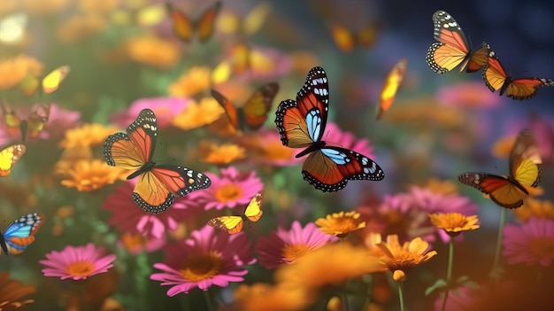 Butterflies flying in a garden with a butterfly on the background