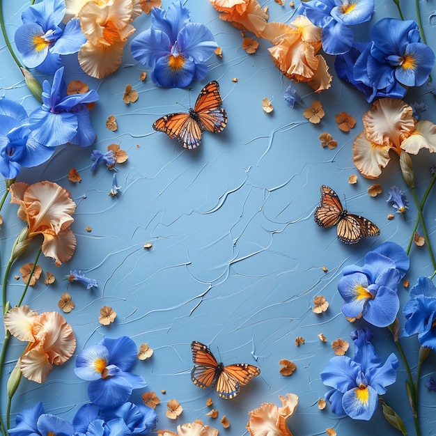 Photo butterflies and irises beauty in nature with copy space for travel and art enthusiasts