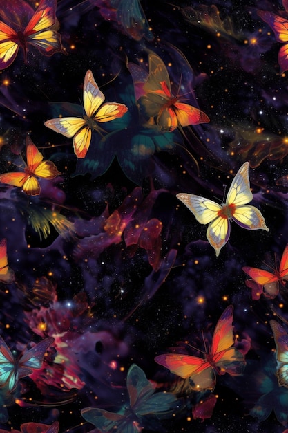 butterflies in the night sky with stars and a galaxy background generative ai