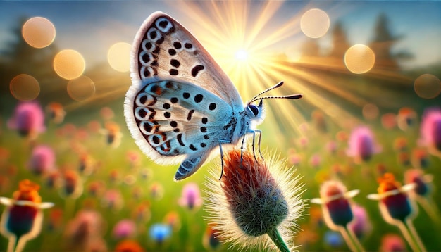 Butterflies perched on twigs with a background of green fields and flowers