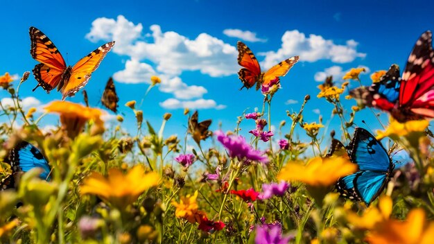 Butterflies Swarm Over Wildflowers on Sunny Day