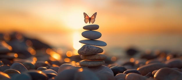 Butterflies on top of a pebble pyramid balanced on the beach at sunset Zen Rock concept on the sea beach