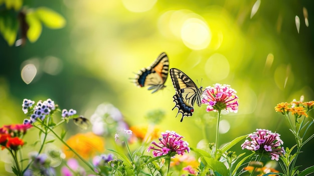 Butterflies with intricate patterns on vibrant flowers natural background