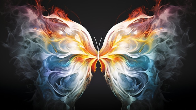 Butterfly adorned with vibrant hues gracefully emerging from a swirling tapestry of colorful smoke