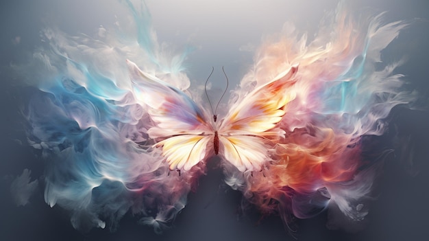 Butterfly adorned with vibrant hues gracefully emerging from a swirling tapestry of colorful smoke