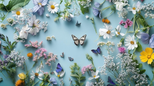 Photo a butterfly among a scattered arrangement of delicate flowers