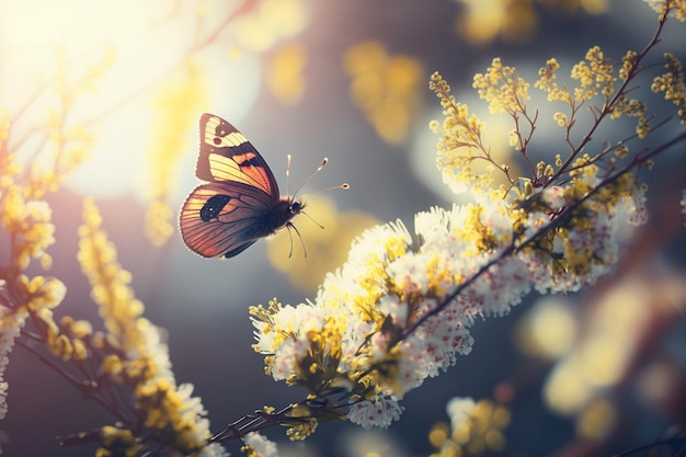 A butterfly on a branch with yellow flowers.