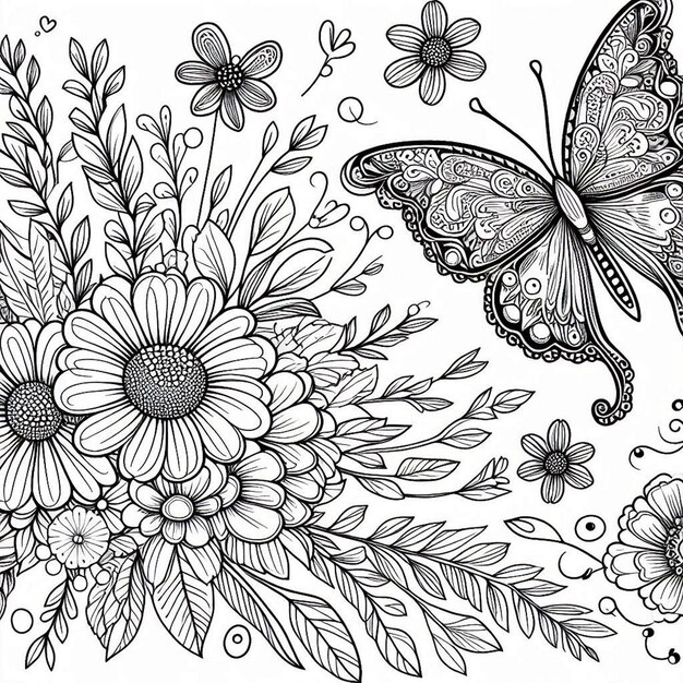 a butterfly and butterfly drawing with butterflies and flowers