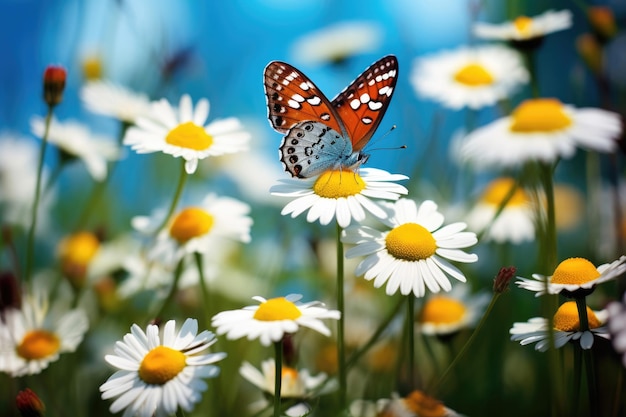 Butterfly on chamomiles in the meadow