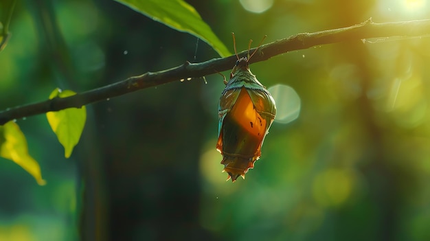 A butterfly chrysalis hangs from a branch with a blurred green background