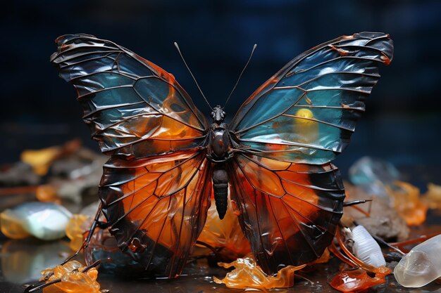 Butterfly consisting of household garbage on blue natural background theme of ecology