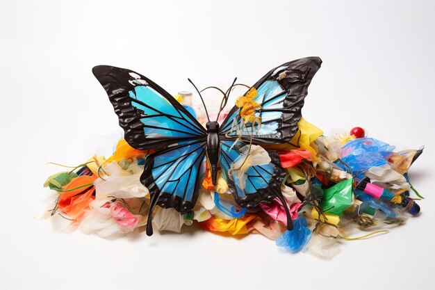 Butterfly consisting of household garbage on a white background theme of ecology