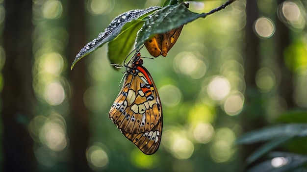 Photo butterfly emerging from chrysalis in natural setting