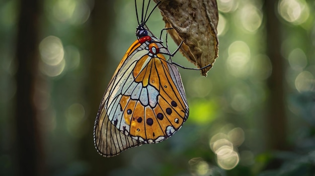 Photo butterfly emerging from chrysalis in natural setting