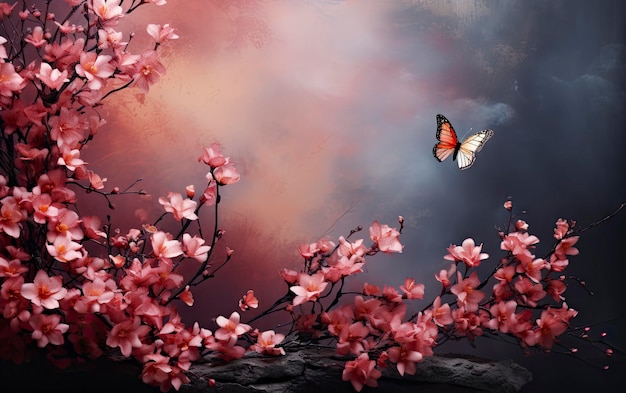 a butterfly flies over a blooming cherry tree.