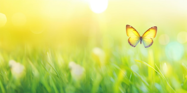 A butterfly flies in the grass on a sunny day.