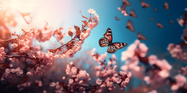 A butterfly flies over a pink flower.