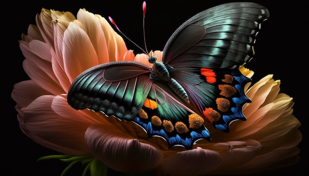 Butterfly on a flower on a black backgroundColorfull butterflyGenerative AI